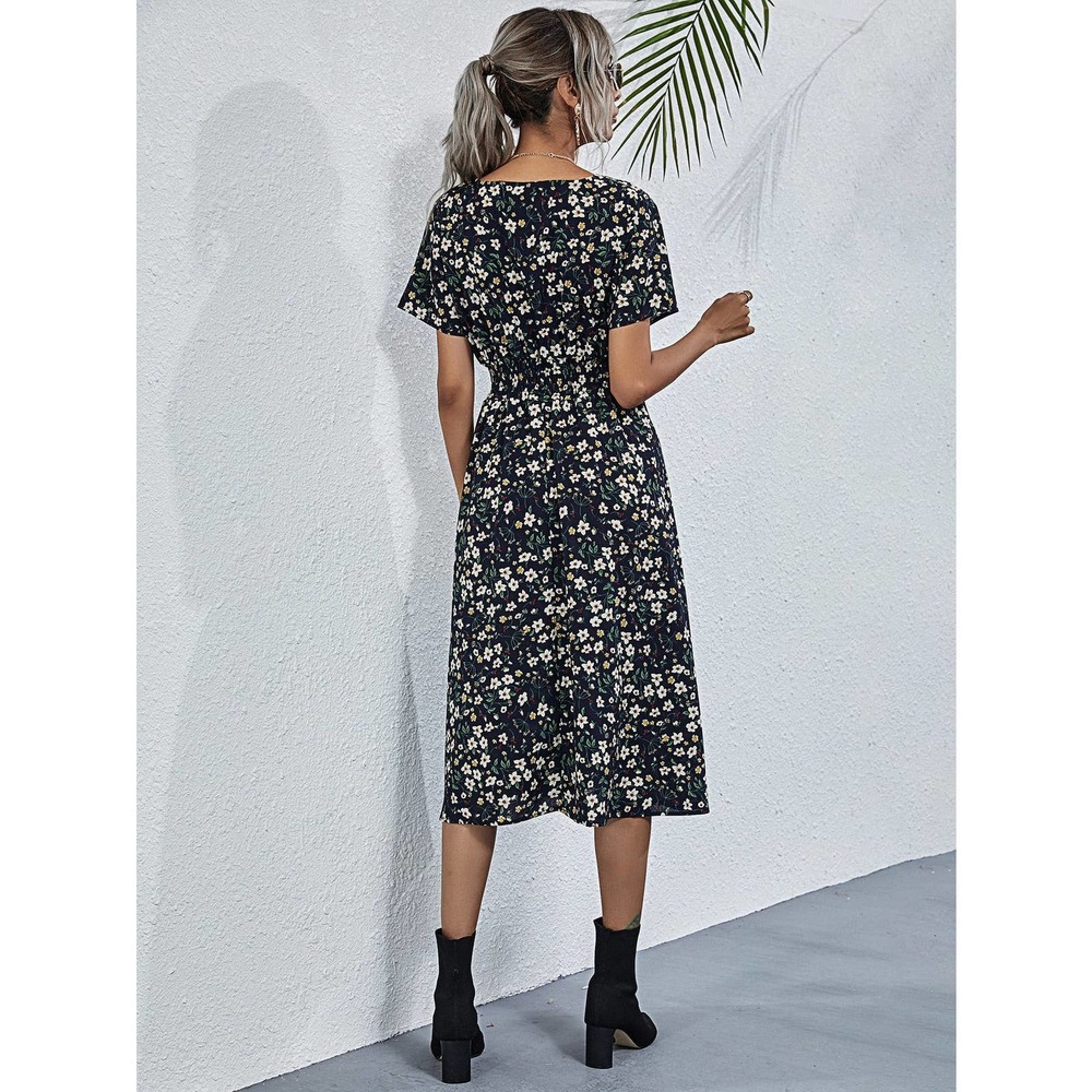 boho yellow Floral Shirred Wrap midi Dress - Picture 6 of 10